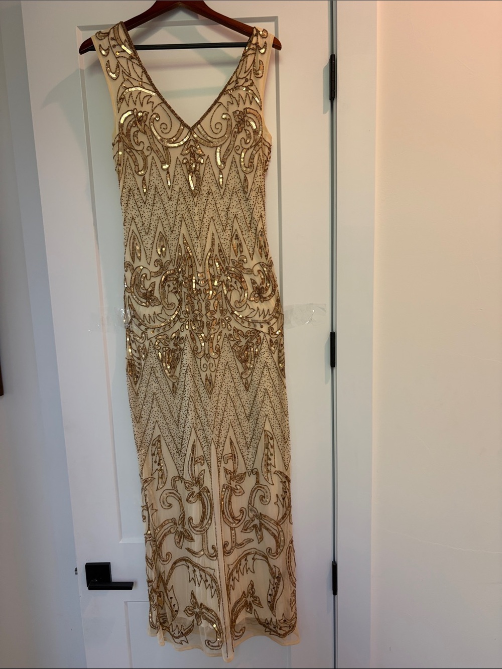 Beaded Ivory Maxi Dress with Gold Sequin Embellishment. NWOT Fits 14/16(XXL tag)